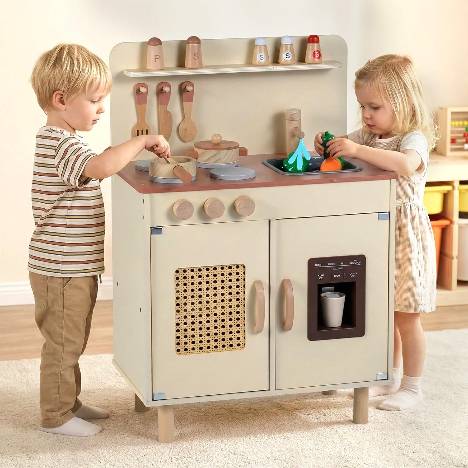 OLAKIDS Play Kitchen for Kids, Wooden Pretend Playset Toddler Cooking Toy Gift for Boys Girls Aged 3+