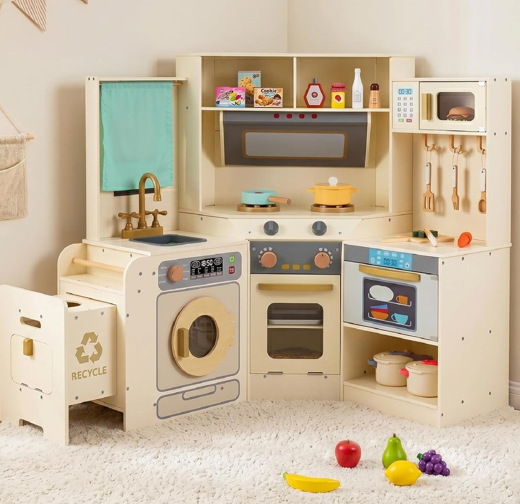 OLAKIDS Corner Kids Kitchen Playset with Lights, Sounds & Dishwasher, Wooden Pretend Cooking Toy Set
