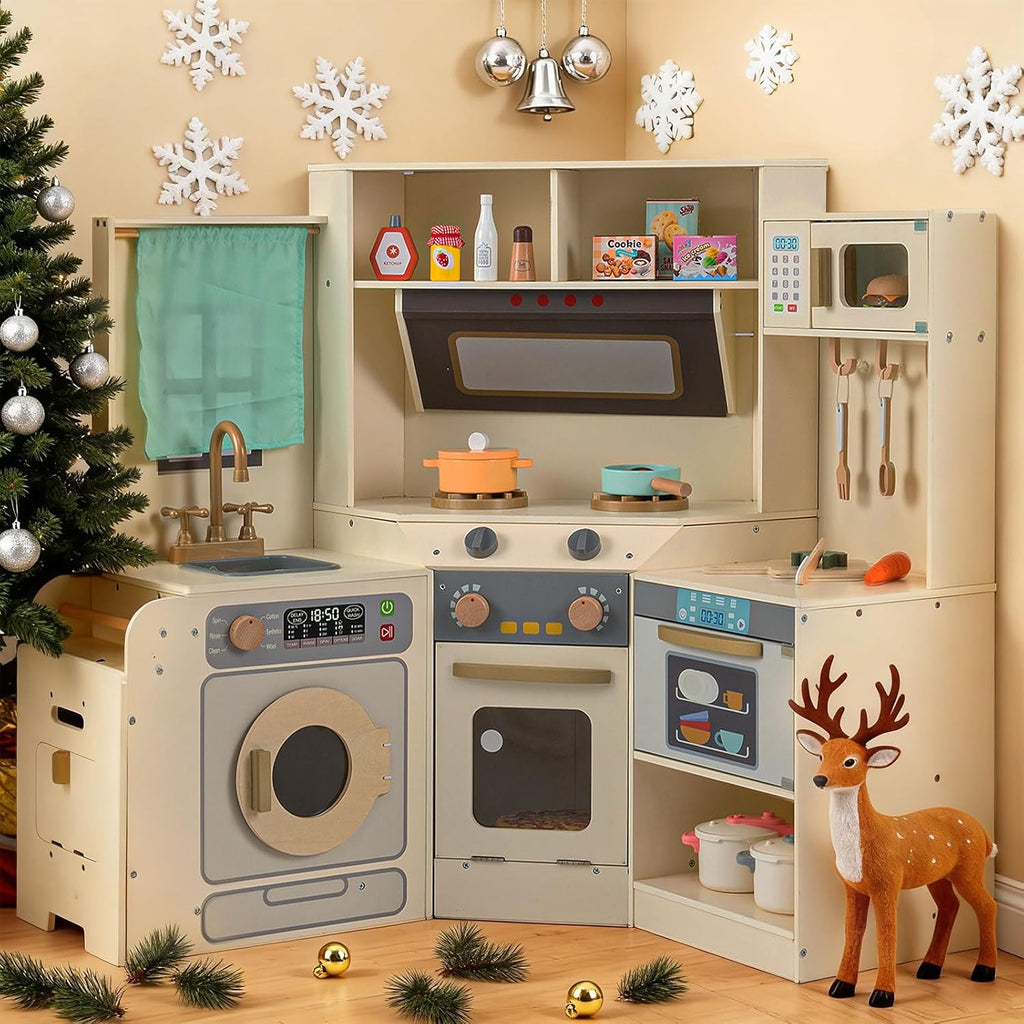 OLAKIDS Corner Kids Kitchen Playset with Lights, Sounds & Dishwasher, Wooden Pretend Cooking Toy Set