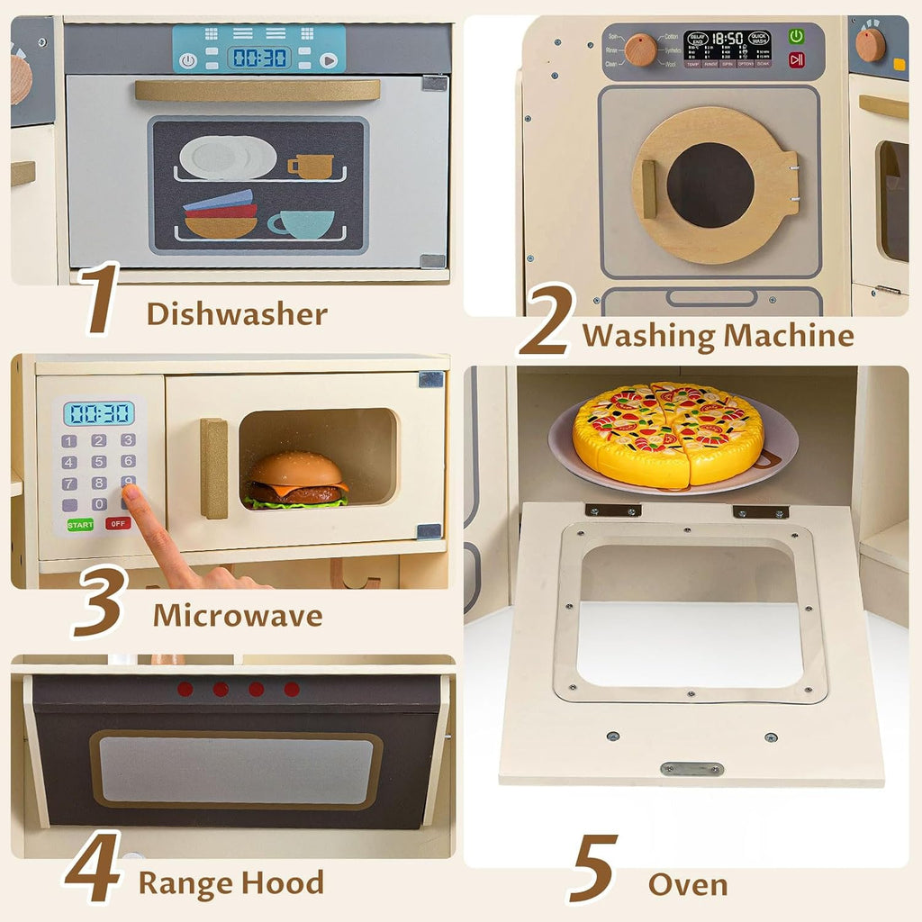 OLAKIDS Corner Kids Kitchen Playset with Lights, Sounds & Dishwasher, Wooden Pretend Cooking Toy Set