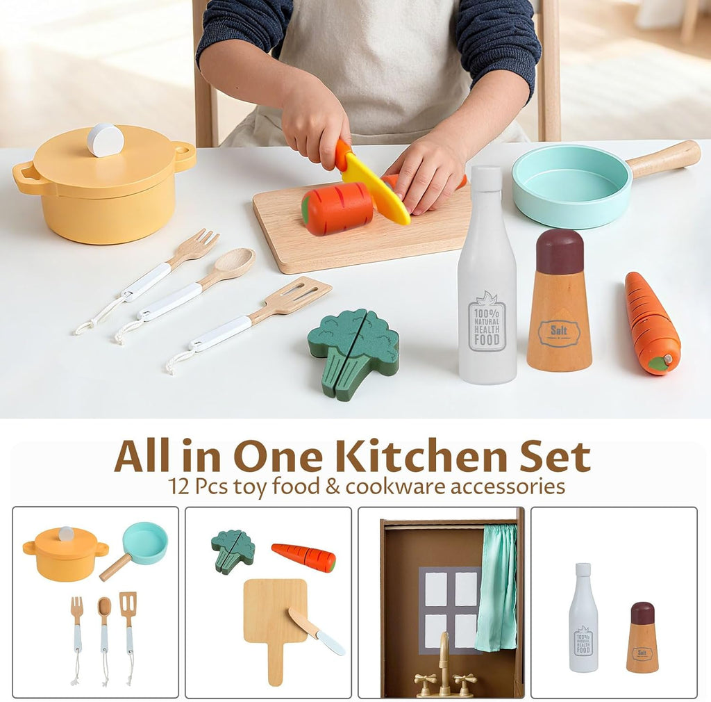 OLAKIDS Corner Kids Kitchen Playset with Lights, Sounds & Dishwasher, Wooden Pretend Cooking Toy Set