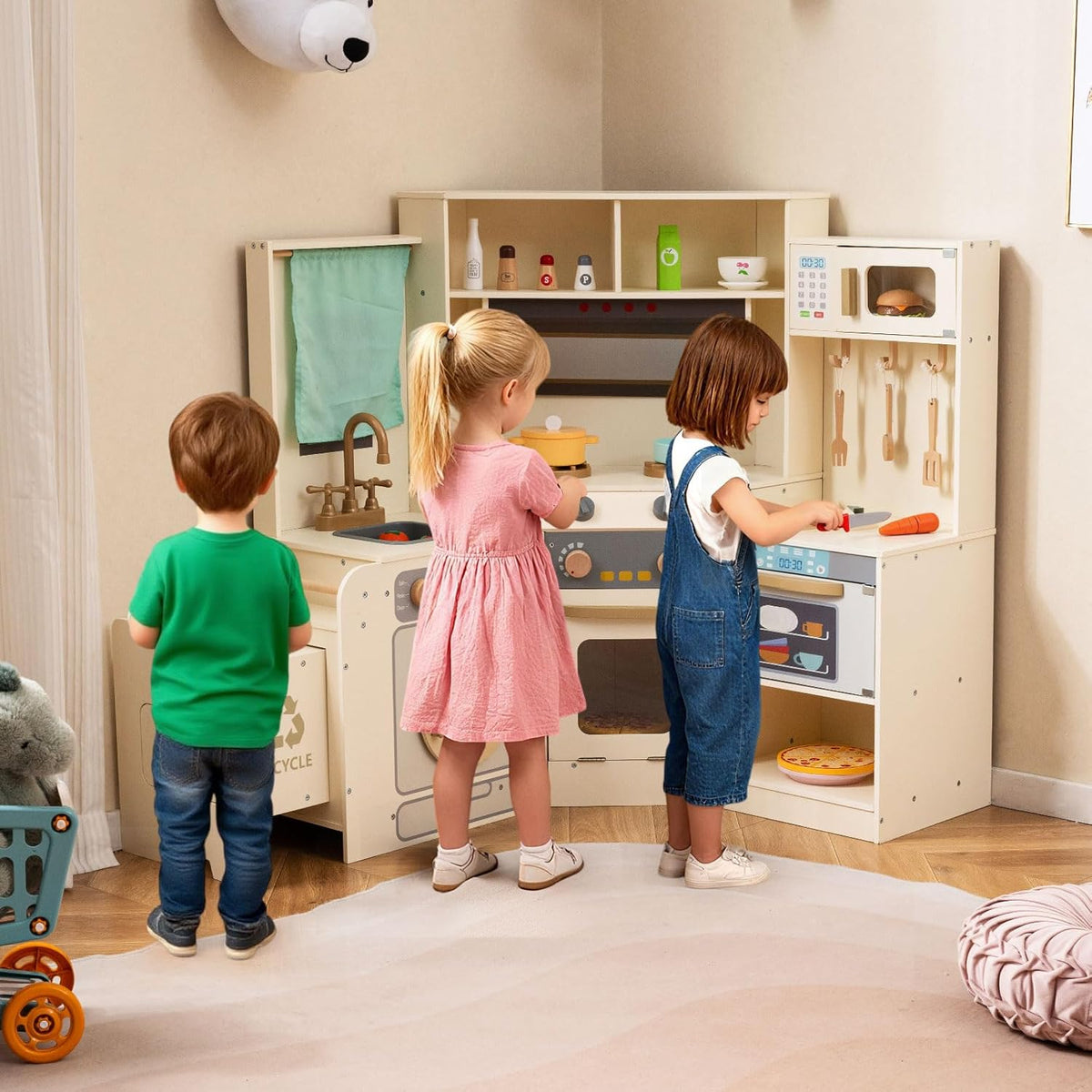 OLAKIDS Corner Kids Kitchen Playset with Lights, Sounds & Dishwasher, Wooden Pretend Cooking Toy Set
