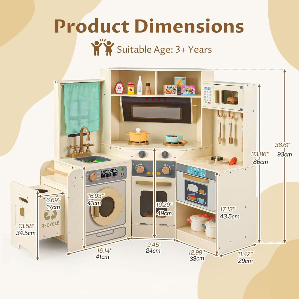 OLAKIDS Corner Kids Kitchen Playset with Lights, Sounds & Dishwasher, Wooden Pretend Cooking Toy Set