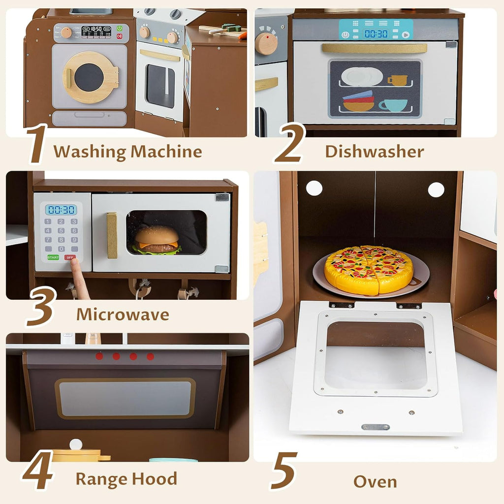 OLAKIDS Corner Kids Kitchen Playset with Lights, Sounds & Dishwasher, Wooden Pretend Cooking Toy Set