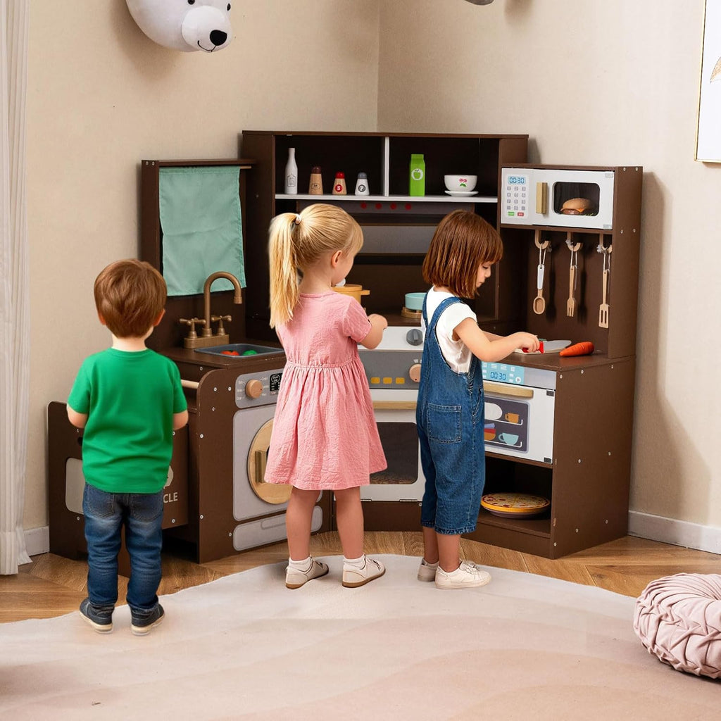 OLAKIDS Corner Kids Kitchen Playset with Lights, Sounds & Dishwasher, Wooden Pretend Cooking Toy Set