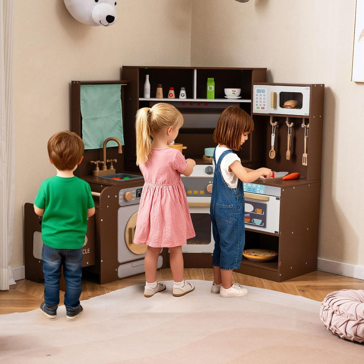 OLAKIDS Corner Kids Kitchen Playset with Lights, Sounds & Dishwasher, Wooden Pretend Cooking Toy Set