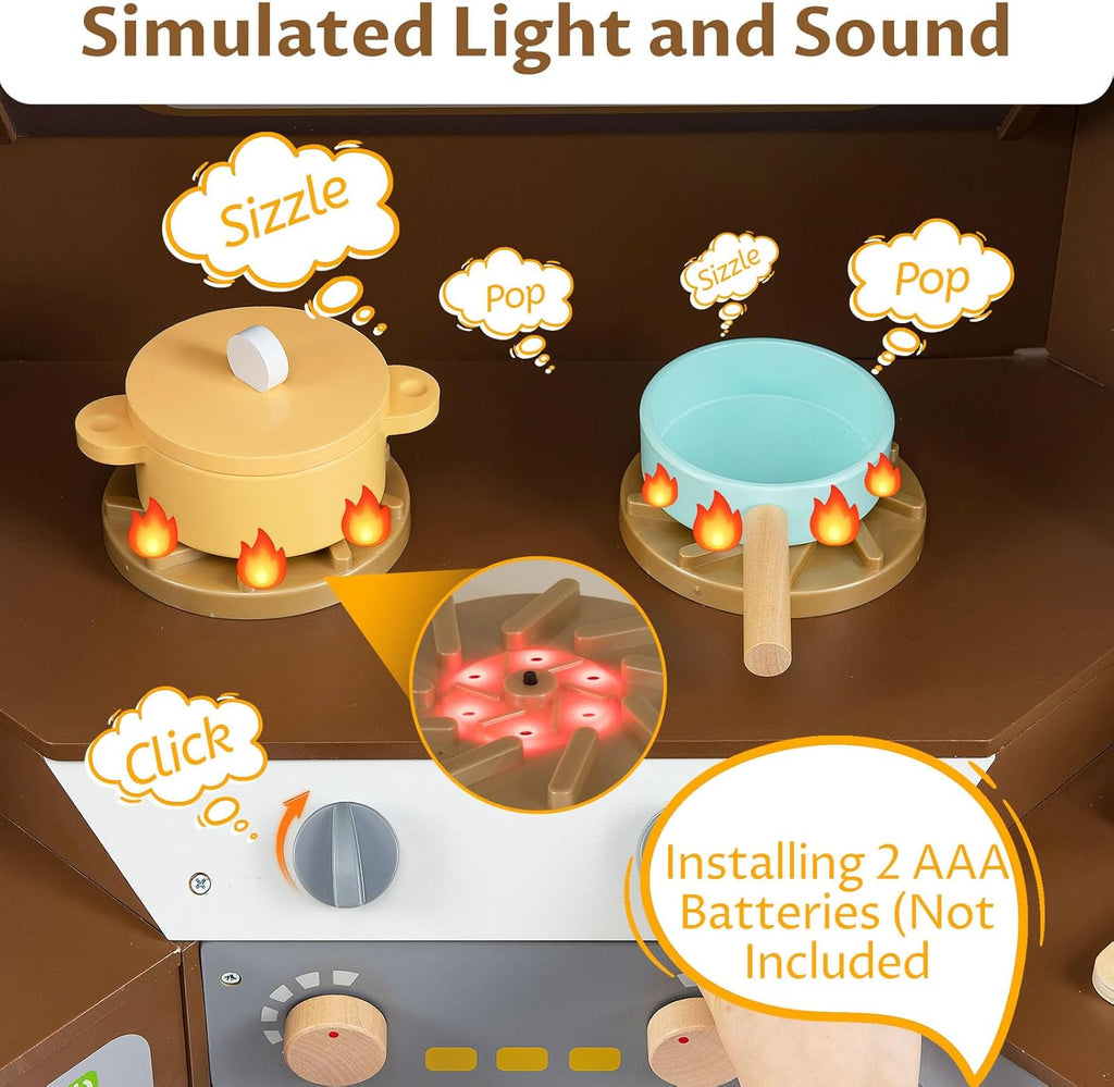 OLAKIDS Corner Kids Kitchen Playset with Lights, Sounds & Dishwasher, Wooden Pretend Cooking Toy Set