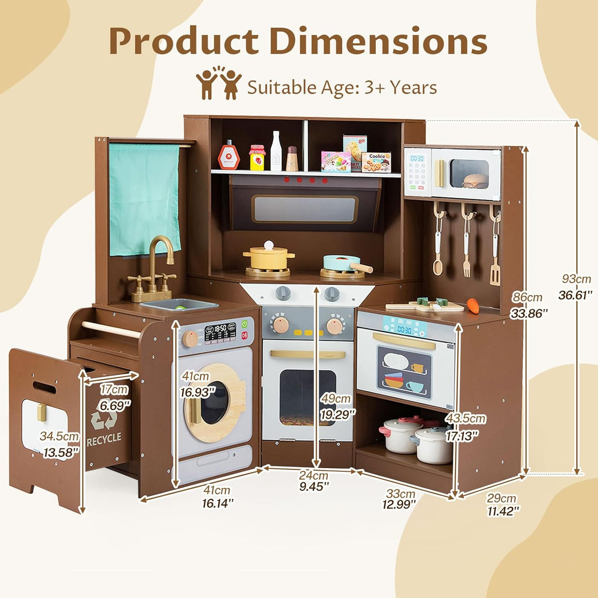 OLAKIDS Corner Kids Kitchen Playset with Lights, Sounds & Dishwasher, Wooden Pretend Cooking Toy Set