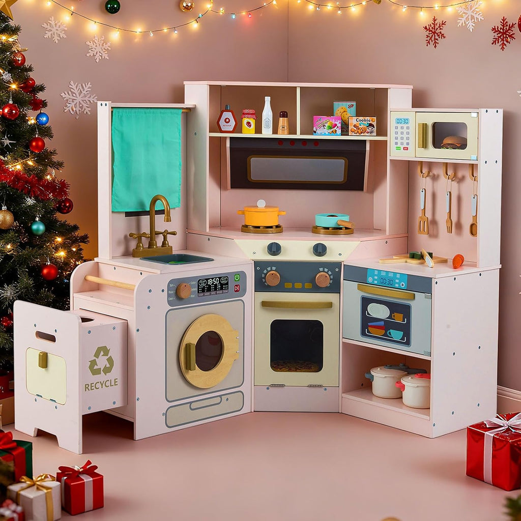 OLAKIDS Corner Kids Kitchen Playset with Lights, Sounds & Dishwasher, Wooden Pretend Cooking Toy Set