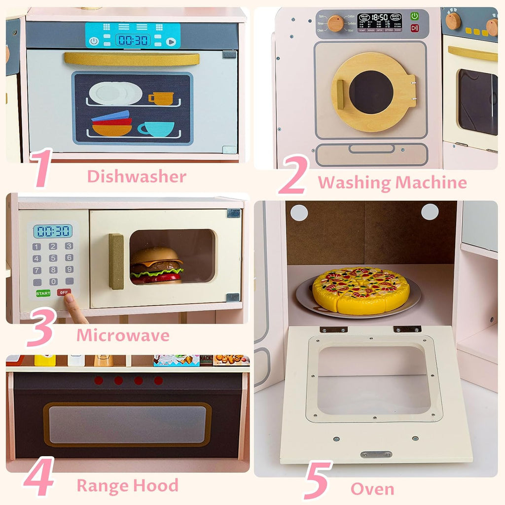 OLAKIDS Corner Kids Kitchen Playset with Lights, Sounds & Dishwasher, Wooden Pretend Cooking Toy Set
