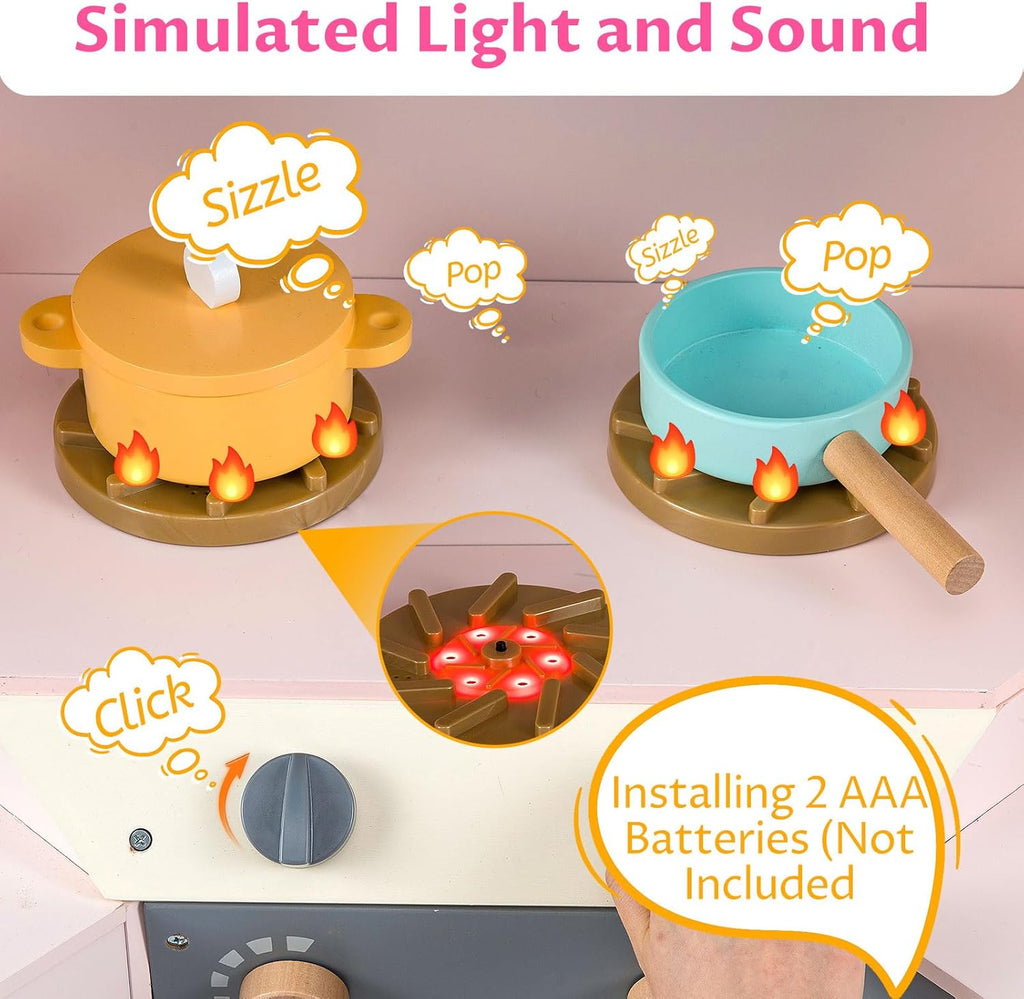 OLAKIDS Corner Kids Kitchen Playset with Lights, Sounds & Dishwasher, Wooden Pretend Cooking Toy Set