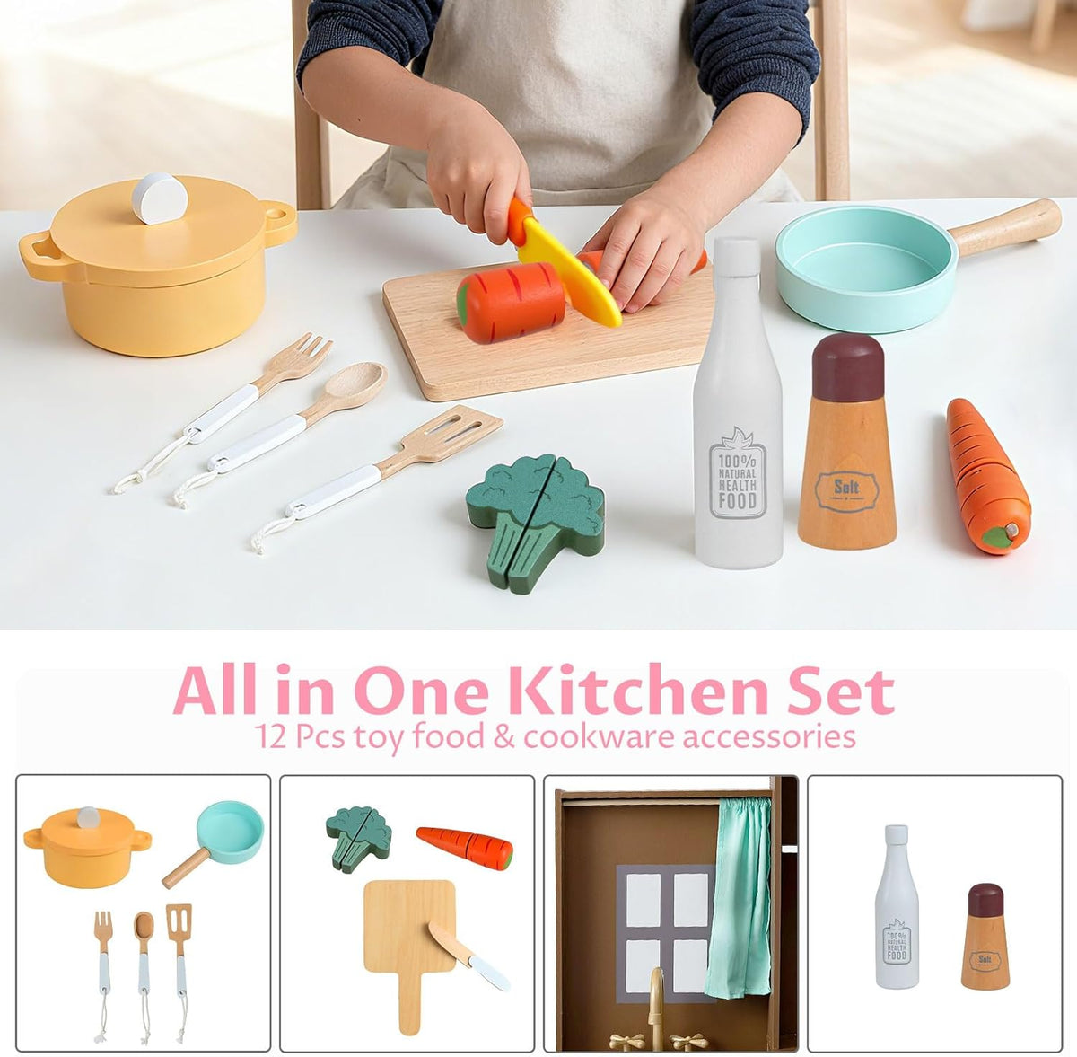 OLAKIDS Corner Kids Kitchen Playset with Lights, Sounds & Dishwasher, Wooden Pretend Cooking Toy Set