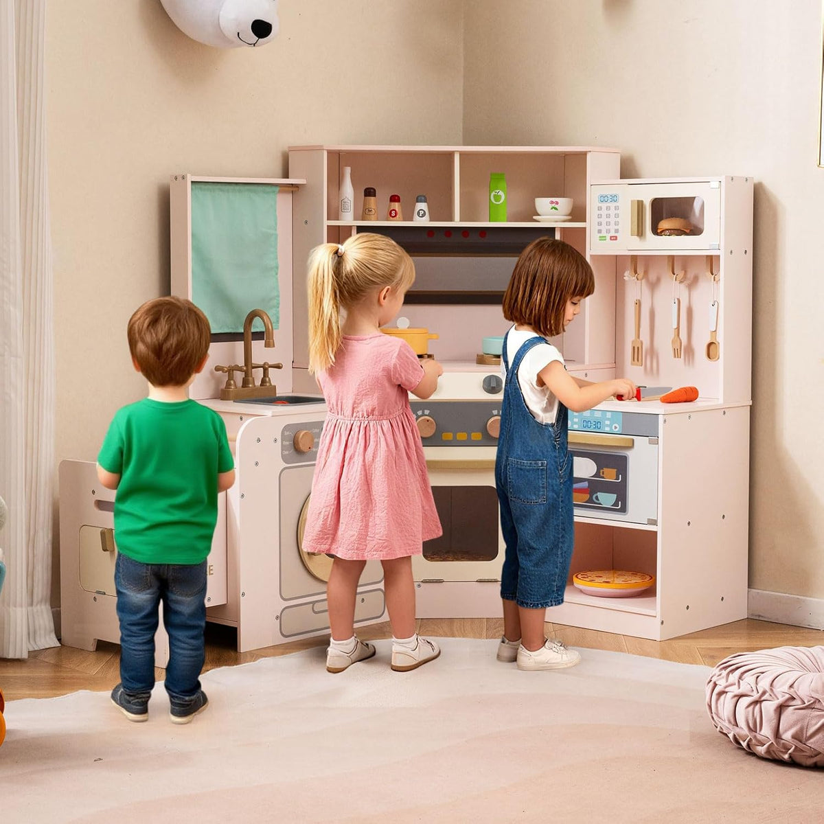 OLAKIDS Corner Kids Kitchen Playset with Lights, Sounds & Dishwasher, Wooden Pretend Cooking Toy Set
