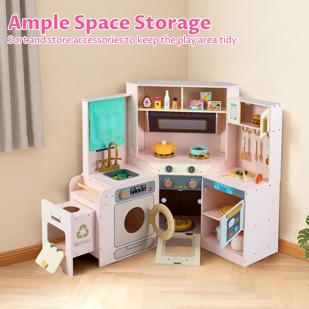 OLAKIDS Corner Kids Kitchen Playset with Lights, Sounds & Dishwasher, Wooden Pretend Cooking Toy Set