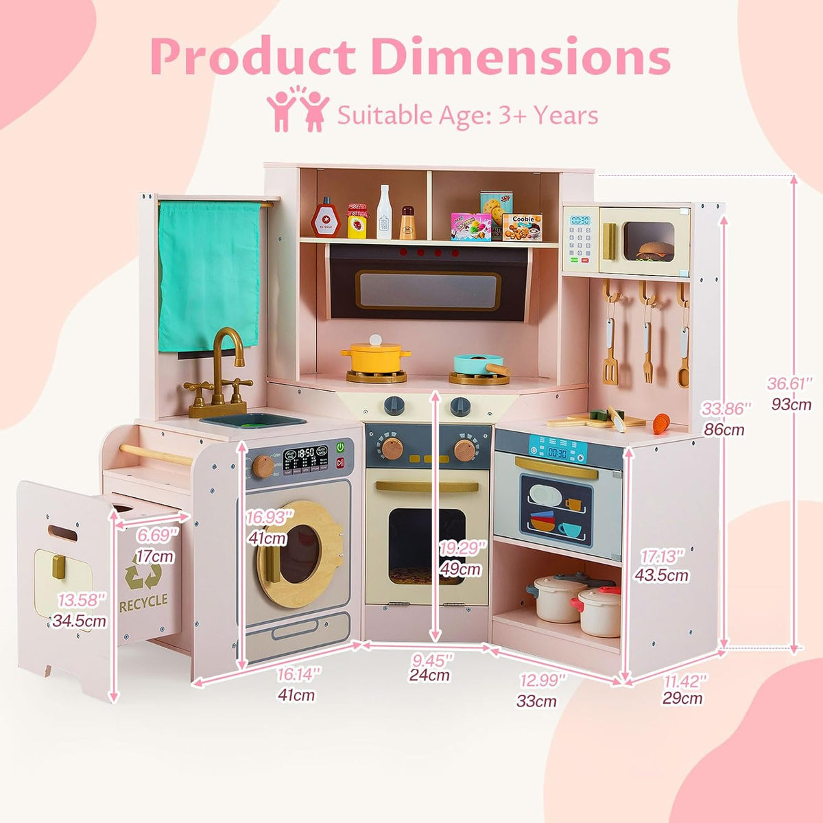 OLAKIDS Corner Kids Kitchen Playset with Lights, Sounds & Dishwasher, Wooden Pretend Cooking Toy Set