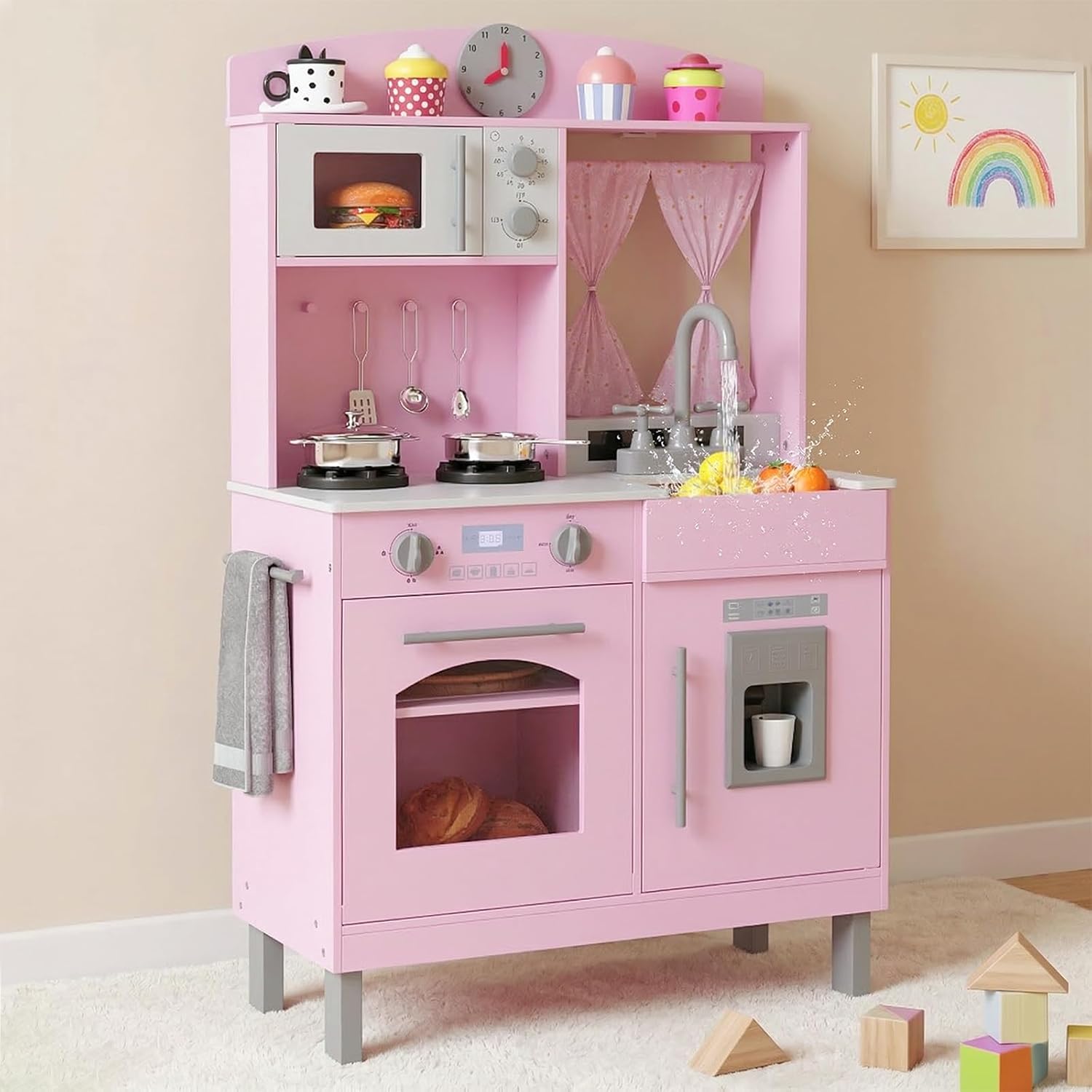 OLAKIDS Wooden Toddler Kitchen Playset with Adjustable Height, Sounds & Appliances