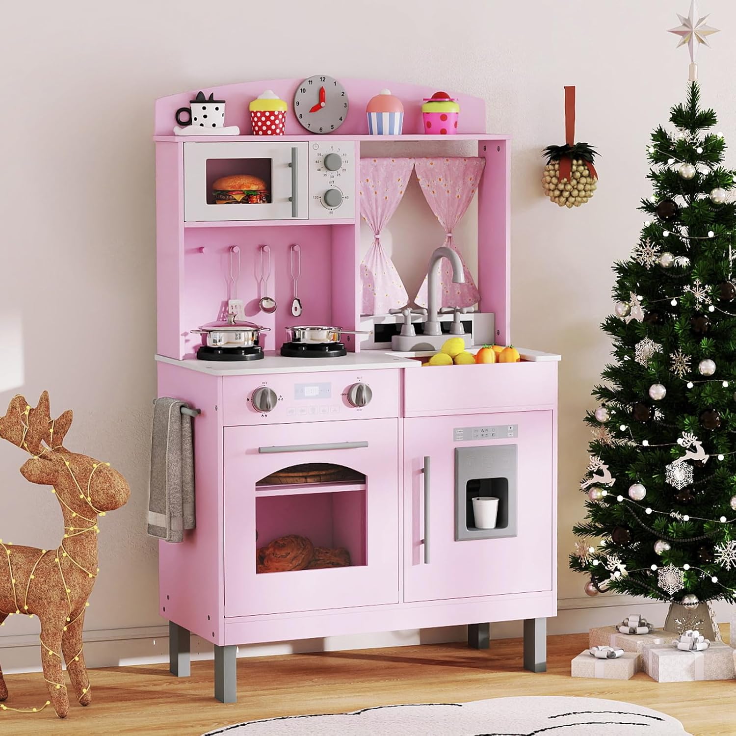 OLAKIDS Wooden Toddler Kitchen Playset with Adjustable Height, Sounds & Appliances
