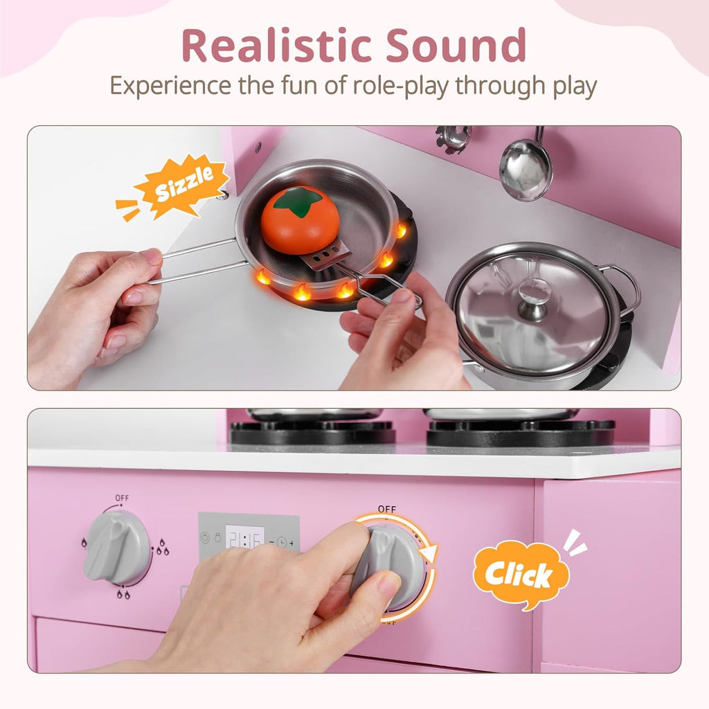 OLAKIDS Wooden Toddler Kitchen Playset with Adjustable Height, Sounds & Appliances