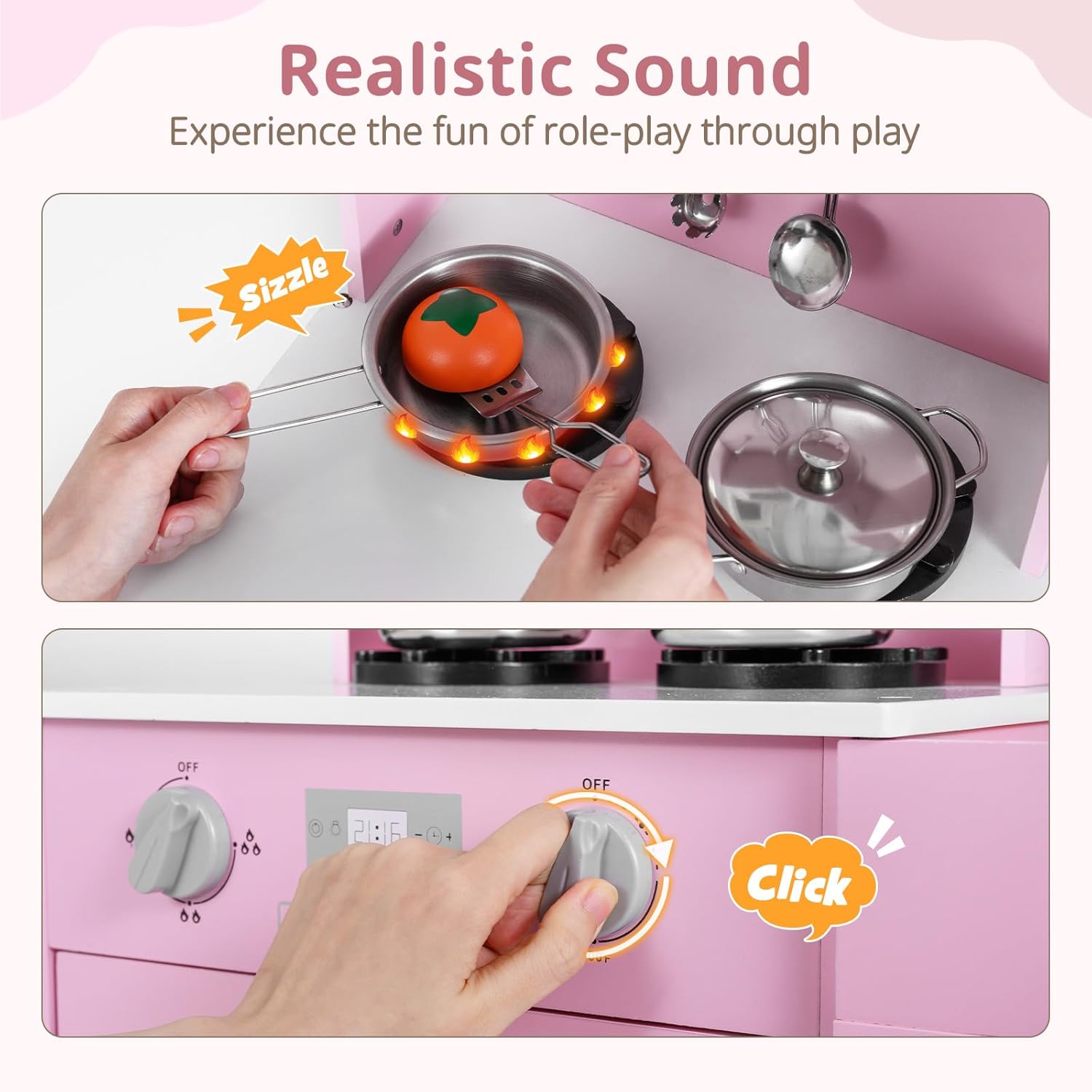 OLAKIDS Wooden Toddler Kitchen Playset with Adjustable Height, Sounds & Appliances