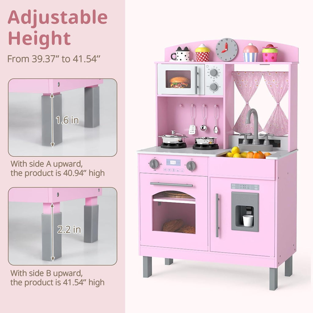 OLAKIDS Wooden Toddler Kitchen Playset with Adjustable Height, Sounds & Appliances