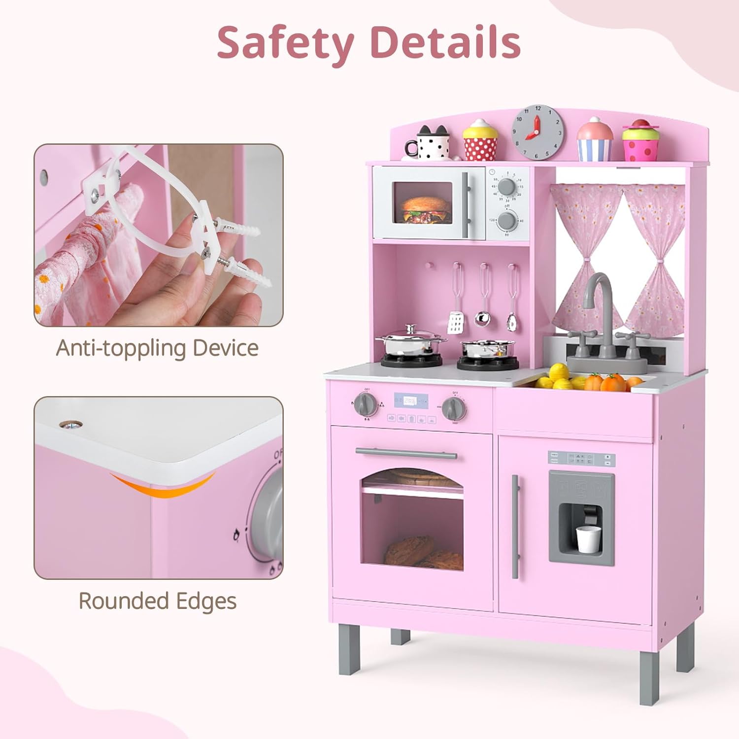 OLAKIDS Wooden Toddler Kitchen Playset with Adjustable Height, Sounds & Appliances