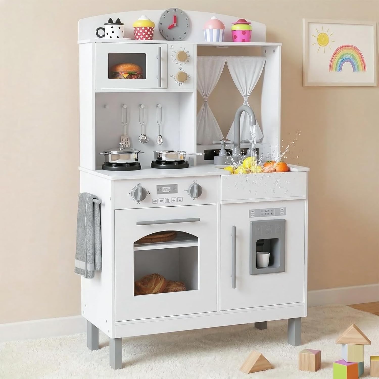 OLAKIDS Wooden Toddler Kitchen Playset with Adjustable Height, Sounds & Appliances