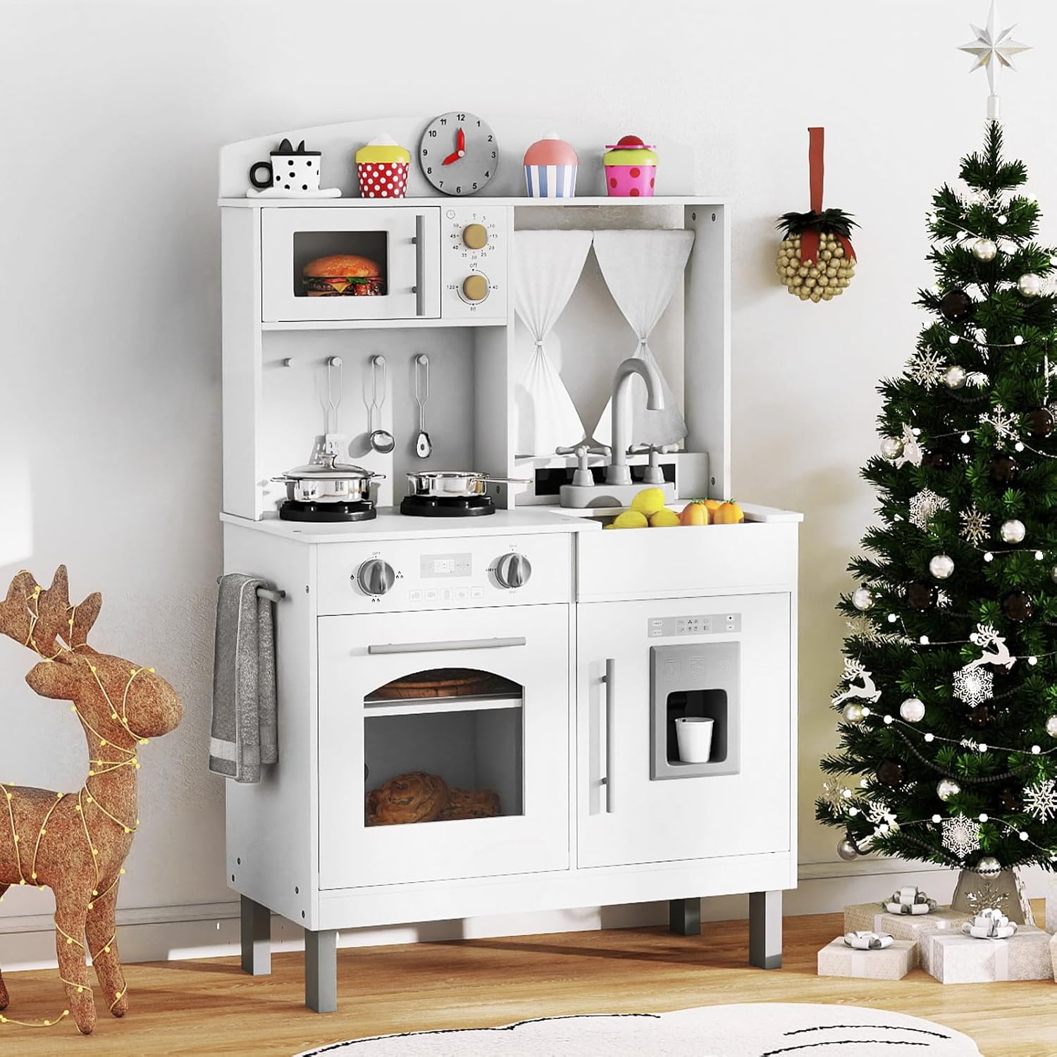 OLAKIDS Wooden Toddler Kitchen Playset with Adjustable Height, Sounds & Appliances