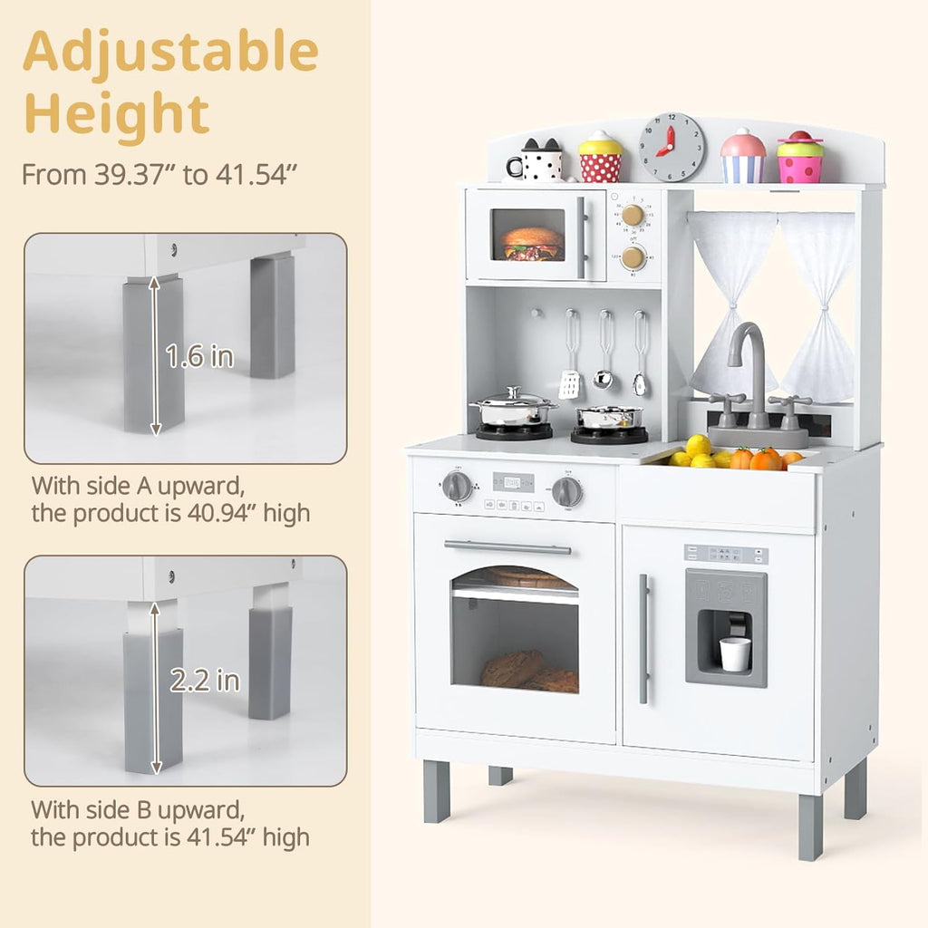 OLAKIDS Wooden Toddler Kitchen Playset with Adjustable Height, Sounds & Appliances