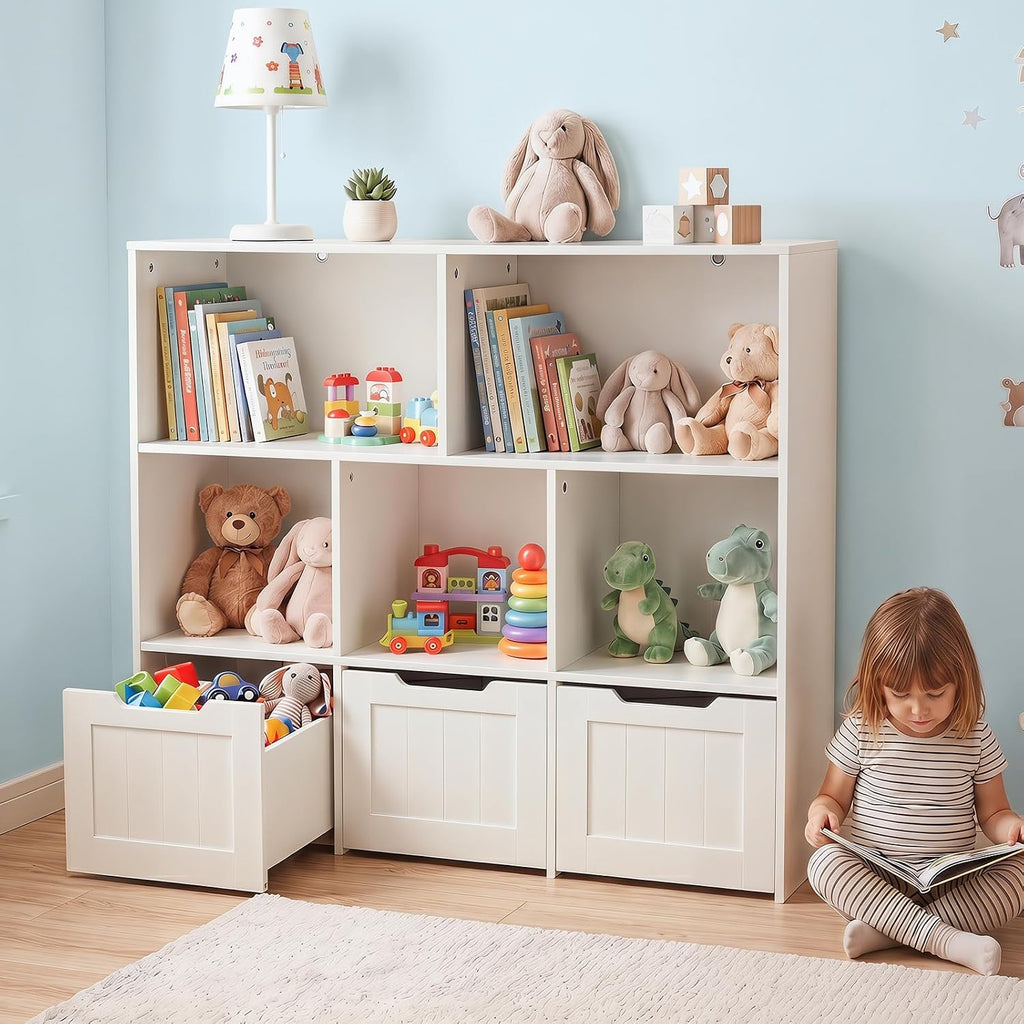 Olakids Toy Storage Organizer, Wooden Kids Bookshelf with Hidden Wheels 3 Movable Drawers 5 Open Cubbies
