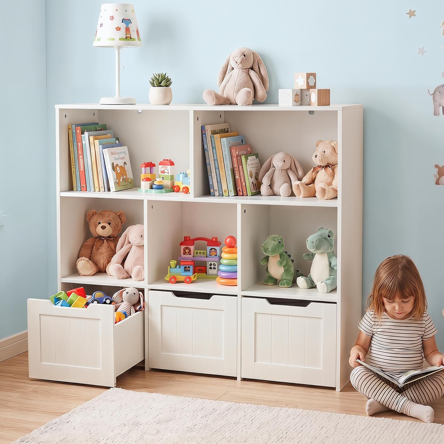 Olakids Toy Storage Organizer, Wooden Kids Bookshelf with Hidden Wheels 3 Movable Drawers 5 Open Cubbies