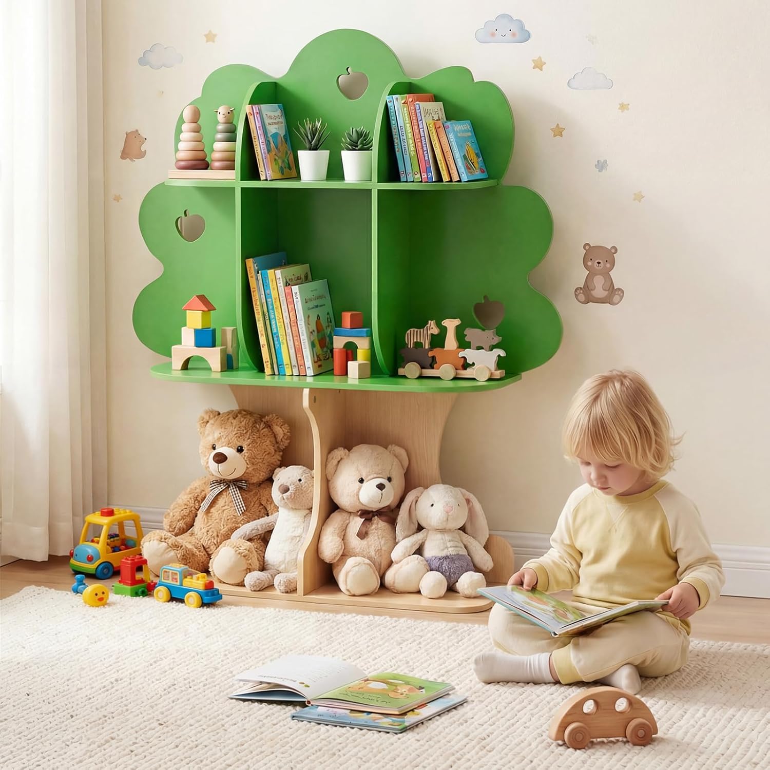 OLAKIDS 3-Tier Wooden Montessori Tree Bookshelf for Kids Toy Storage