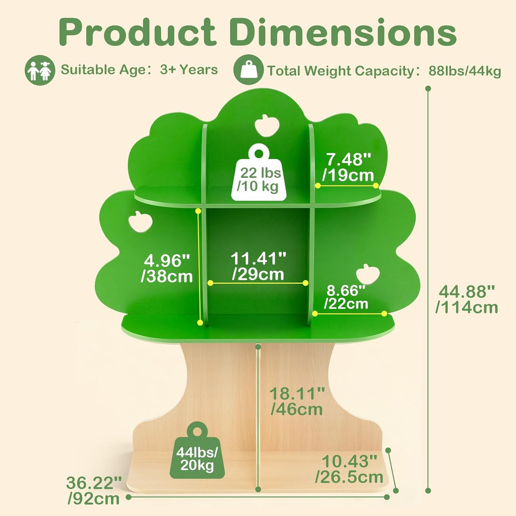 OLAKIDS 3-Tier Wooden Montessori Tree Bookshelf for Kids Toy Storage