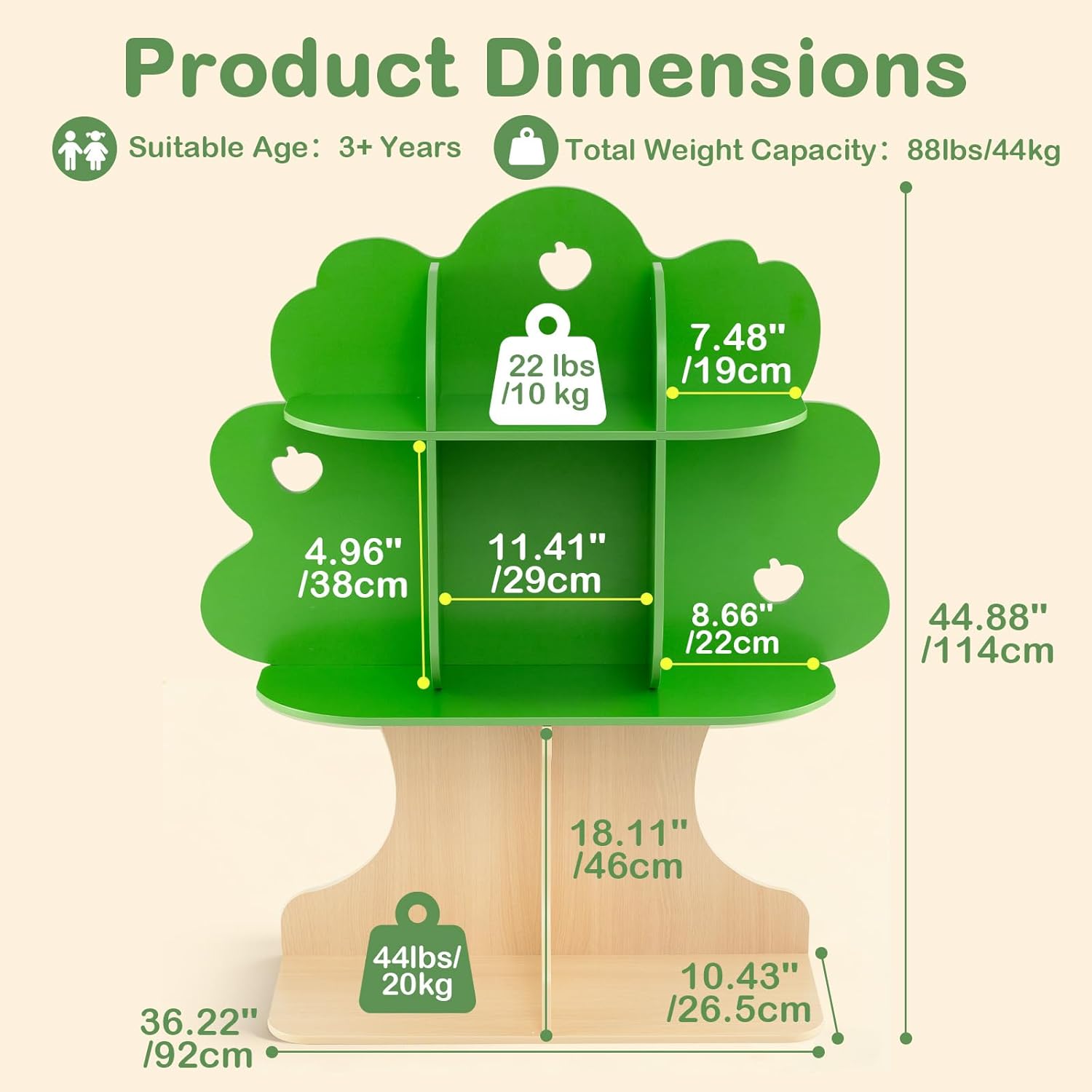 OLAKIDS 3-Tier Wooden Montessori Tree Bookshelf for Kids Toy Storage
