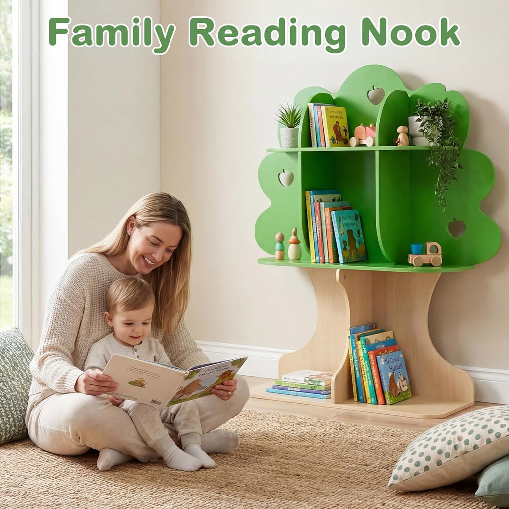 OLAKIDS 3-Tier Wooden Montessori Tree Bookshelf for Kids Toy Storage
