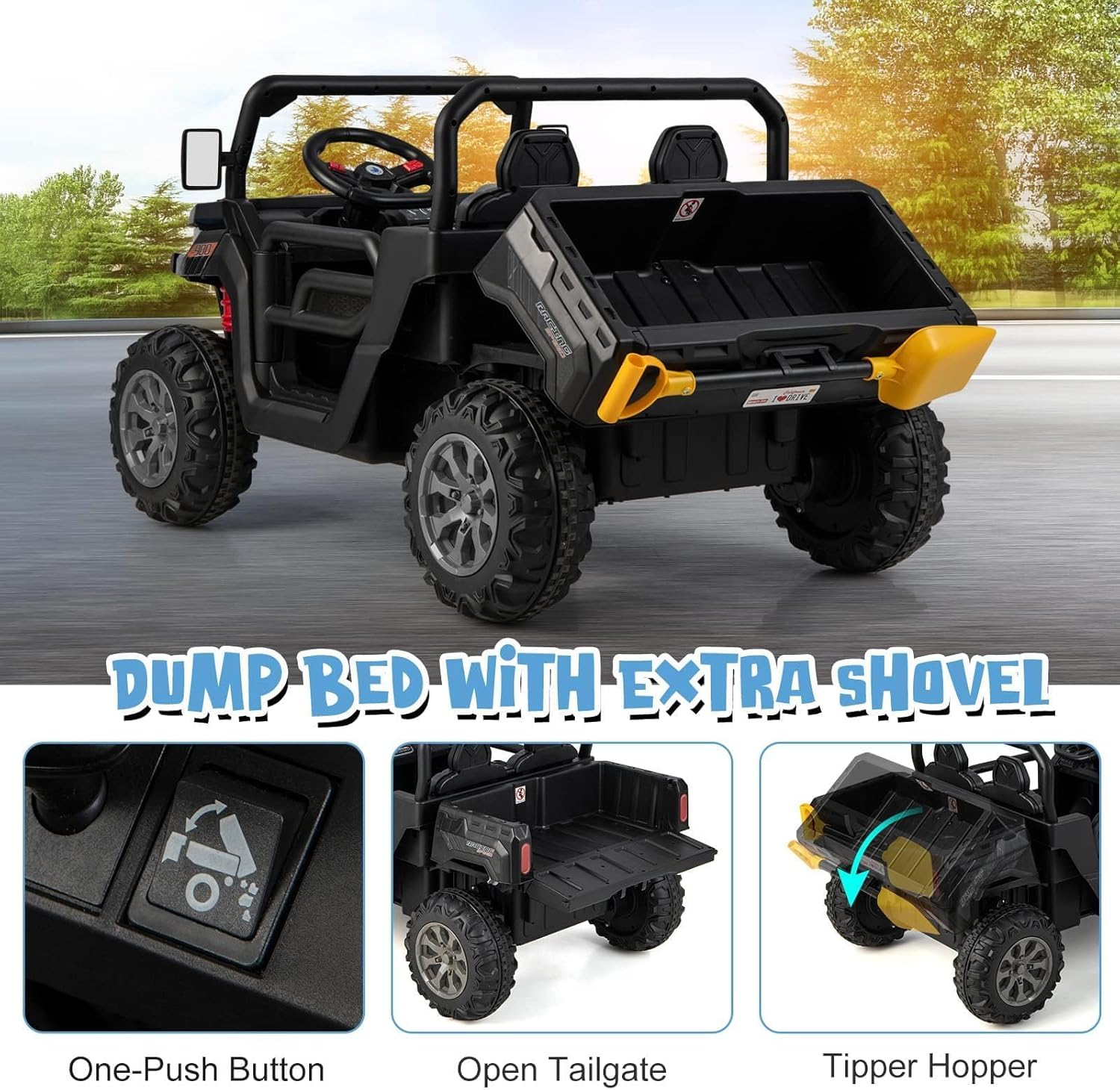 OLAKIDS 12V 2-Seat Off-Road UTV with Remote Control Dump Bed and Rocking Mode