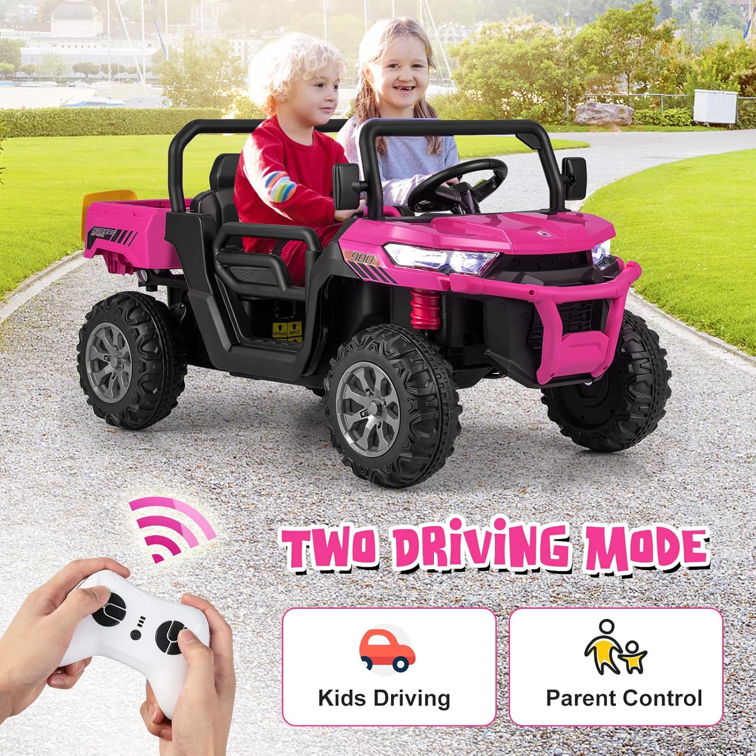 OLAKIDS 12V 2-Seat Off-Road UTV with Remote Control Dump Bed and Rocking Mode