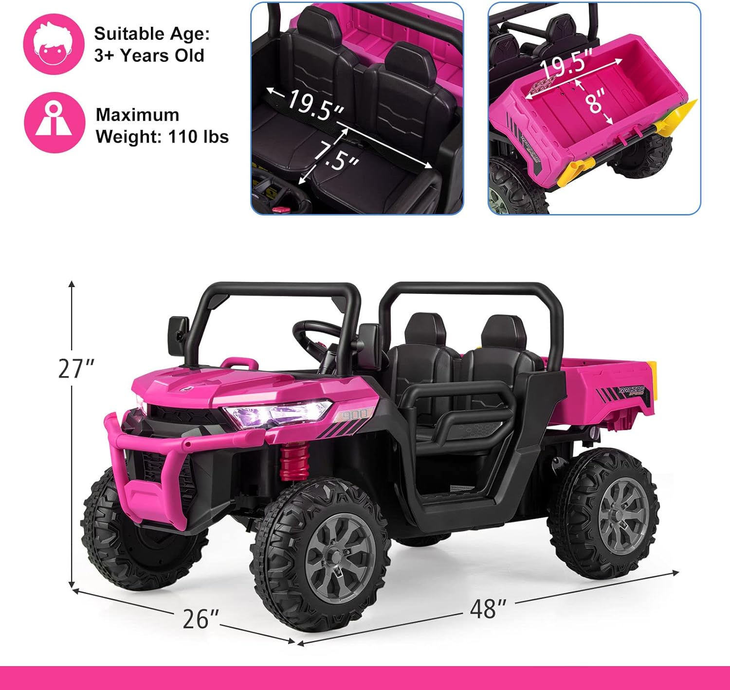 OLAKIDS 12V 2-Seat Off-Road UTV with Remote Control Dump Bed and Rocking Mode