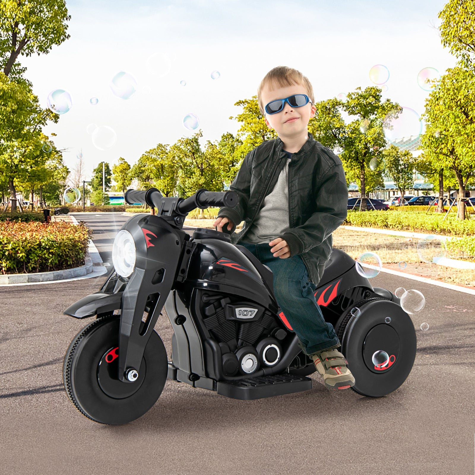 OLAKIDS 6V Kids Motorcycle Ride On with Automatic Bubble Function for Toddlers 3+