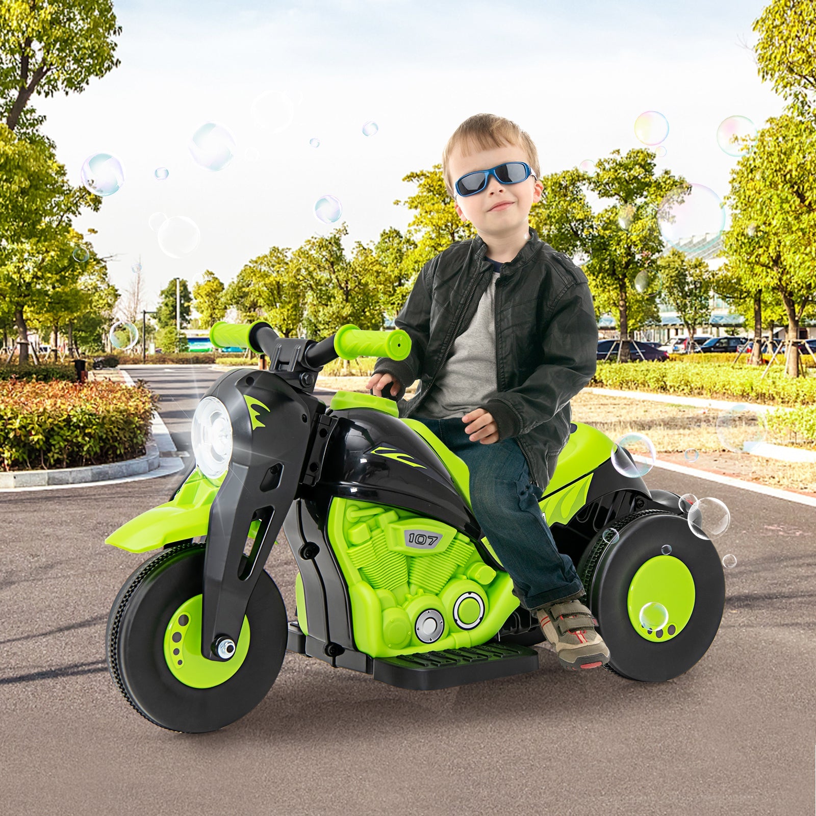 OLAKIDS 6V Kids Motorcycle Ride On with Automatic Bubble Function for Toddlers 3+