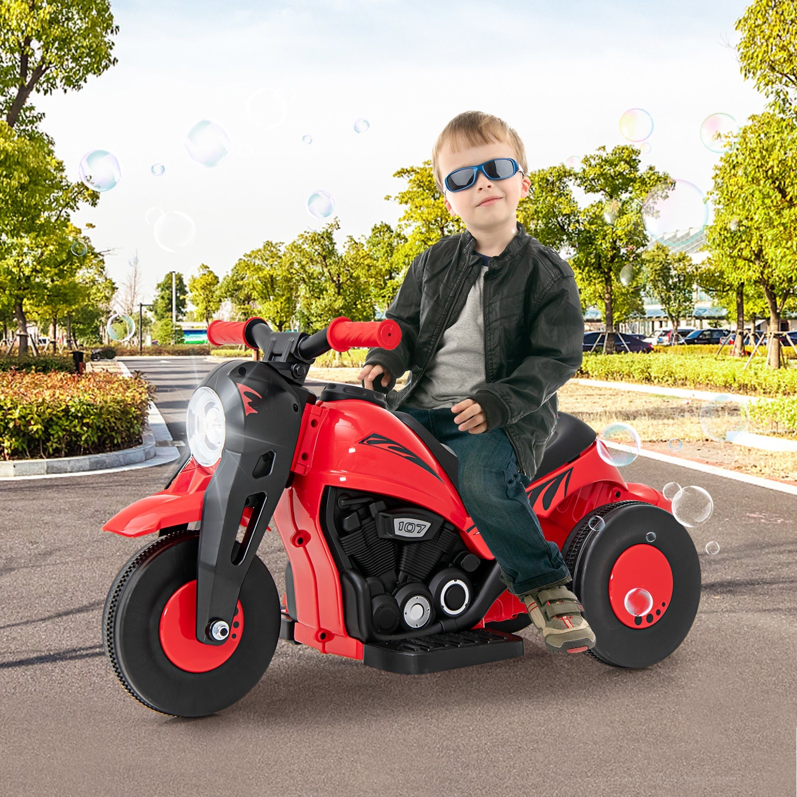 OLAKIDS 6V Kids Motorcycle Ride On with Automatic Bubble Function for Toddlers 3+