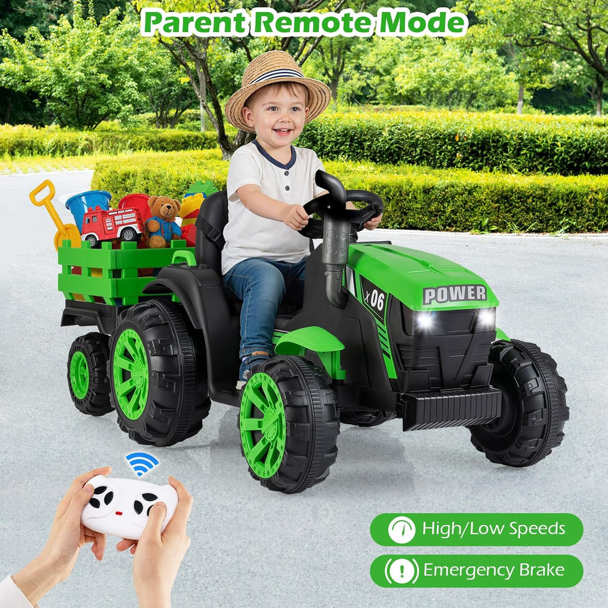 OLAKIDS 24V 9AH Ride on Tractor with Detachable Trailer, 2 x 550W Motors, Remote Control for Toddler