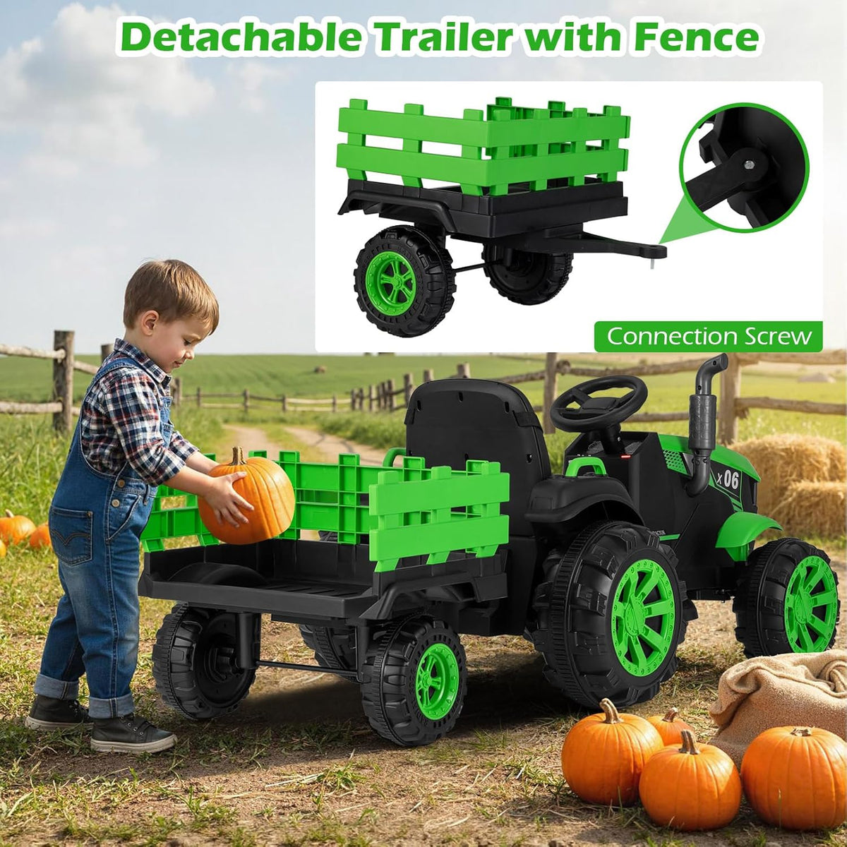 OLAKIDS 24V 9AH Ride on Tractor with Detachable Trailer, 2 x 550W Motors, Remote Control for Toddler