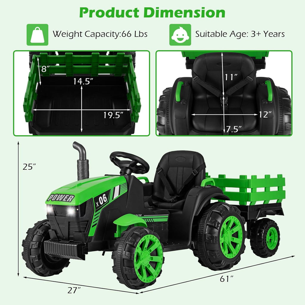 OLAKIDS 24V 9AH Ride on Tractor with Detachable Trailer, 2 x 550W Motors, Remote Control for Toddler
