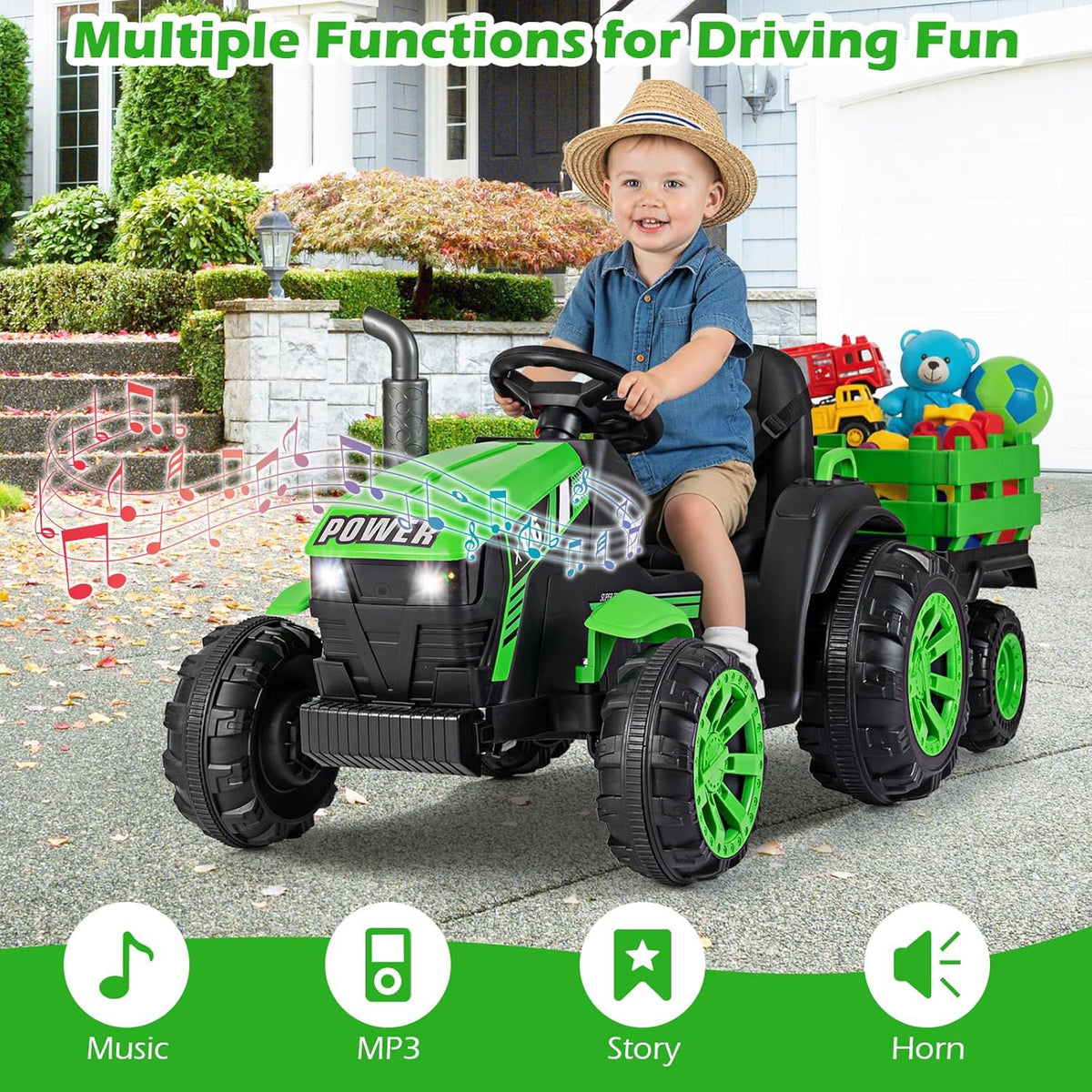 OLAKIDS 24V 9AH Ride on Tractor with Detachable Trailer, 2 x 550W Motors, Remote Control for Toddler