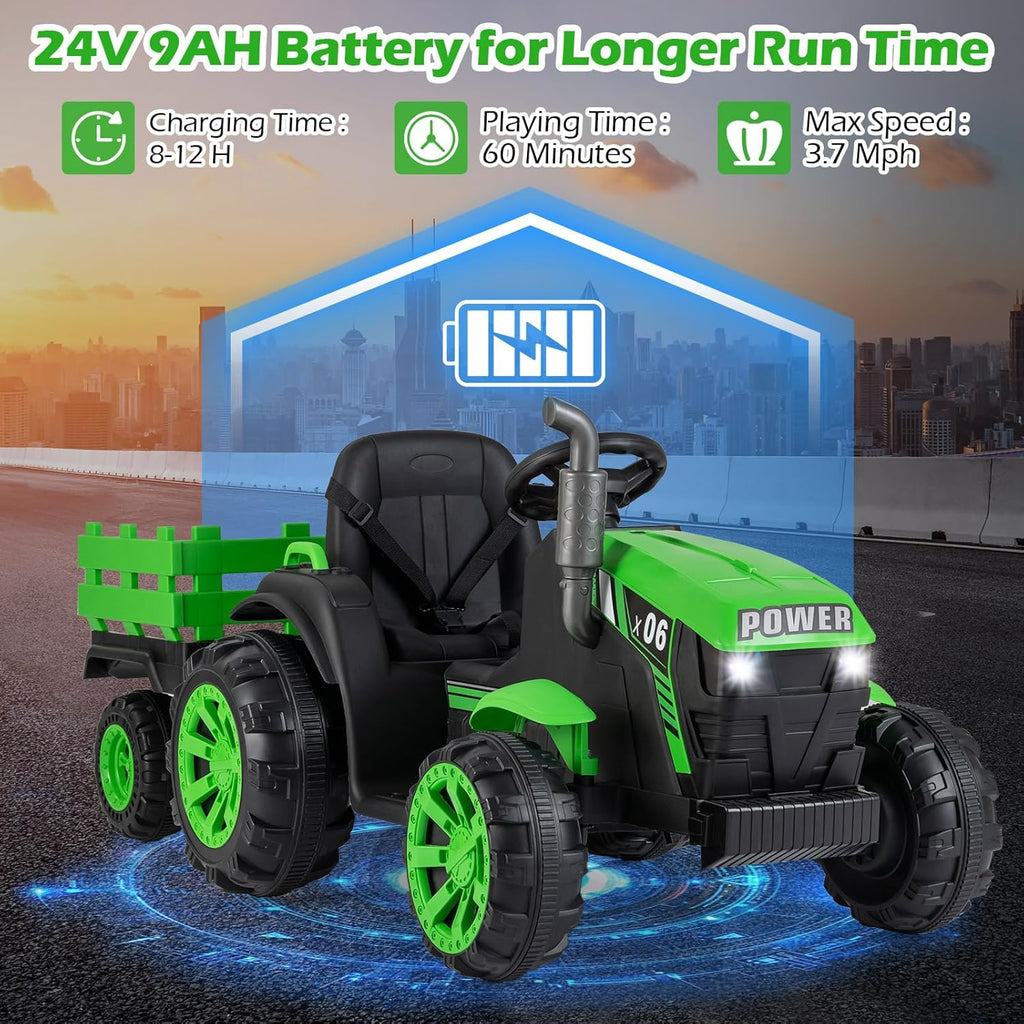 OLAKIDS 24V 9AH Ride on Tractor with Detachable Trailer, 2 x 550W Motors, Remote Control for Toddler