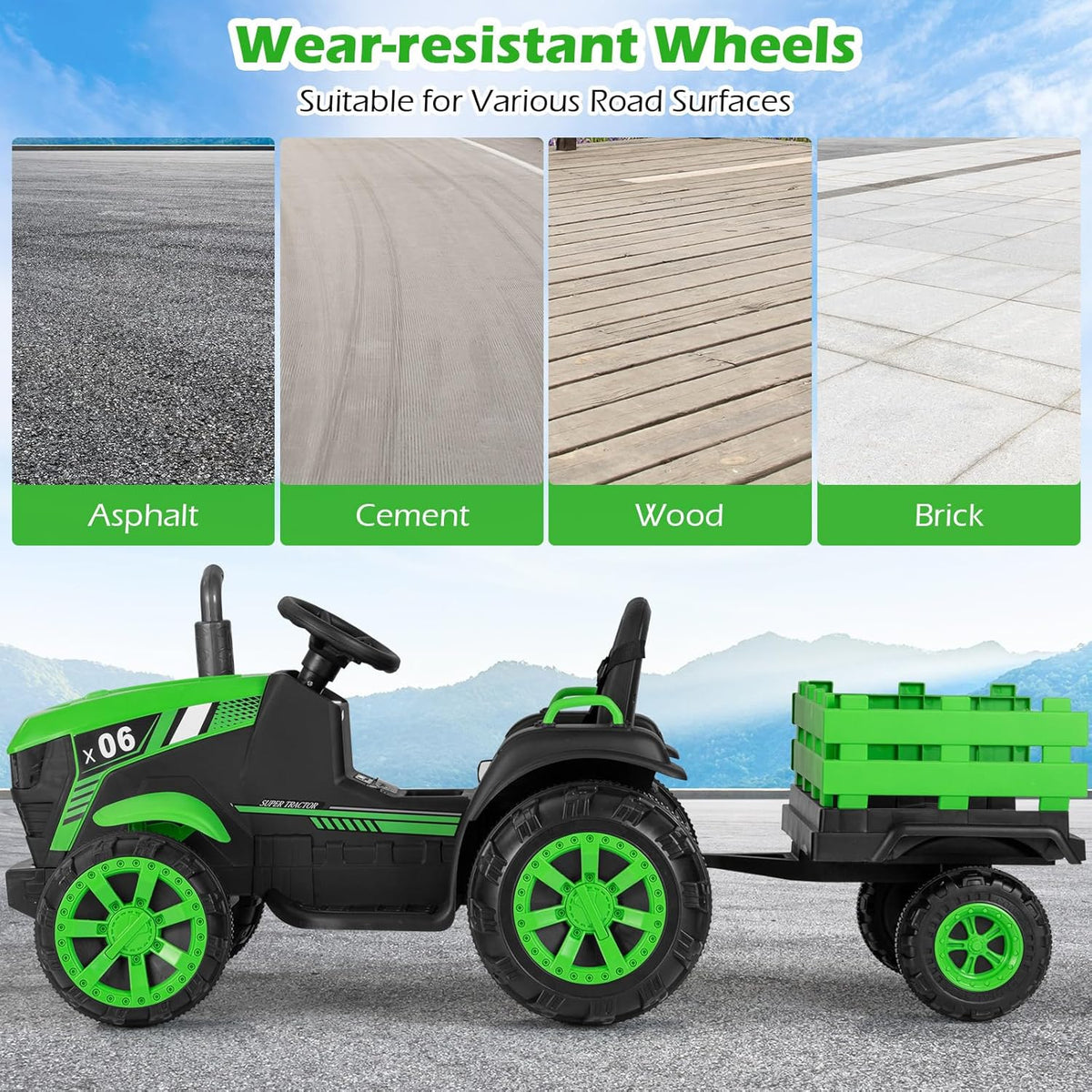 OLAKIDS 24V 9AH Ride on Tractor with Detachable Trailer, 2 x 550W Motors, Remote Control for Toddler