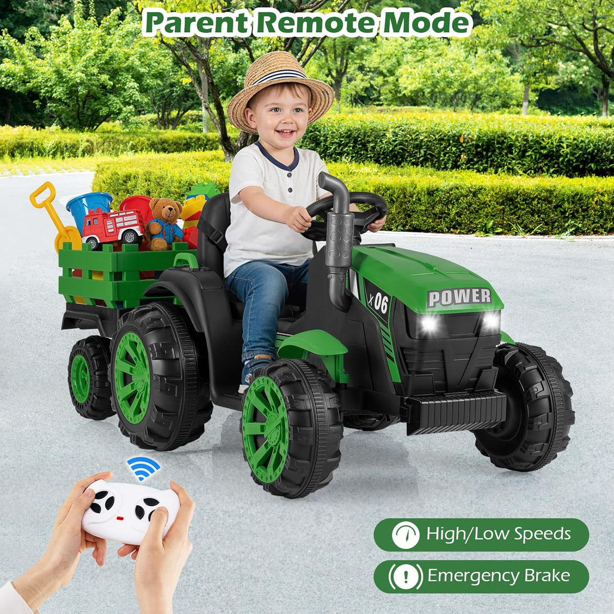 OLAKIDS 24V 9AH Ride on Tractor with Detachable Trailer, 2 x 550W Motors, Remote Control for Toddler