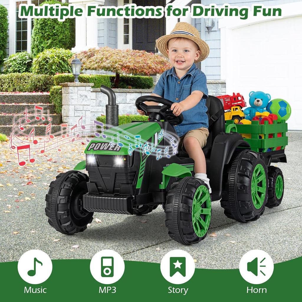 OLAKIDS 24V 9AH Ride on Tractor with Detachable Trailer, 2 x 550W Motors, Remote Control for Toddler