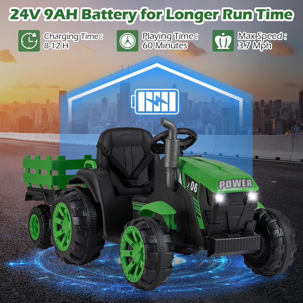 OLAKIDS 24V 9AH Ride on Tractor with Detachable Trailer, 2 x 550W Motors, Remote Control for Toddler