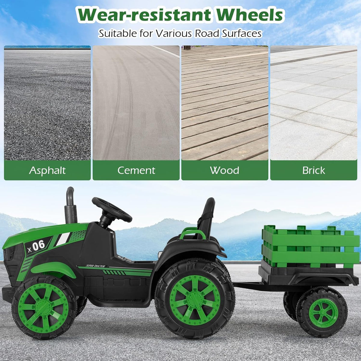 OLAKIDS 24V 9AH Ride on Tractor with Detachable Trailer, 2 x 550W Motors, Remote Control for Toddler